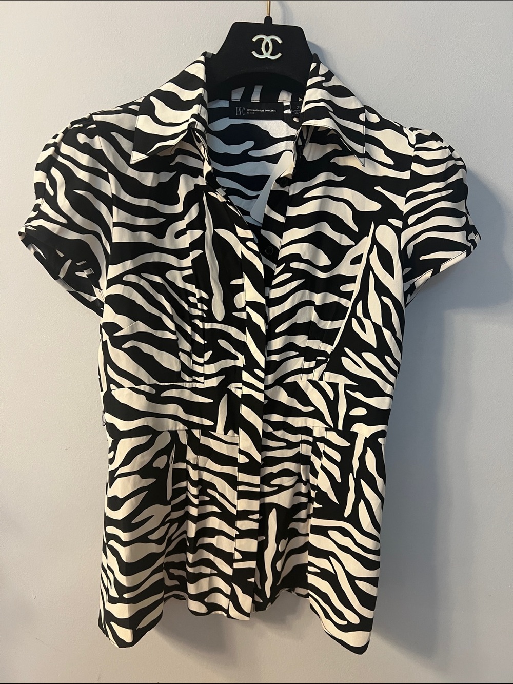 INC International Concepts Black & White Zebra-Print Button Down Blouse